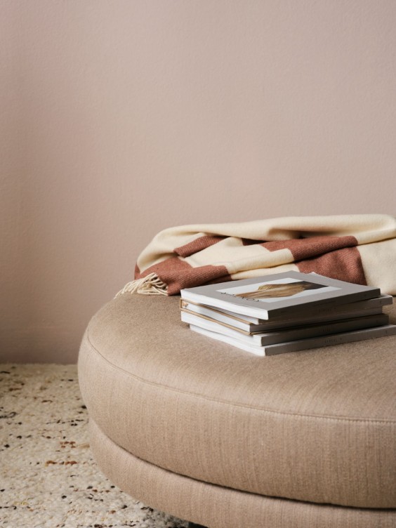 Dunara seinällä. Edessä rahi, jossa kirjapino.