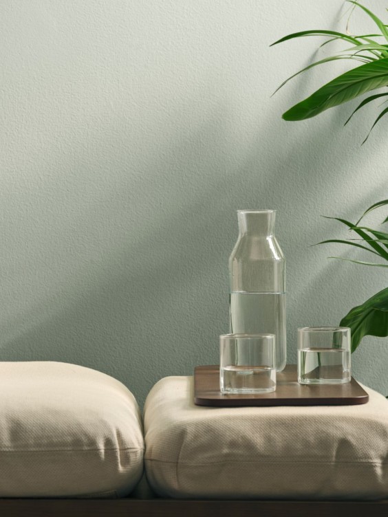 Thalora-sävy seinällä. Edessä daybed ja vihreä huonekasvi.