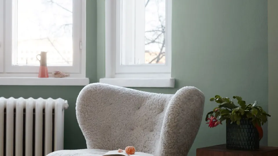 Vihreällä värillä maalattu olohuone 