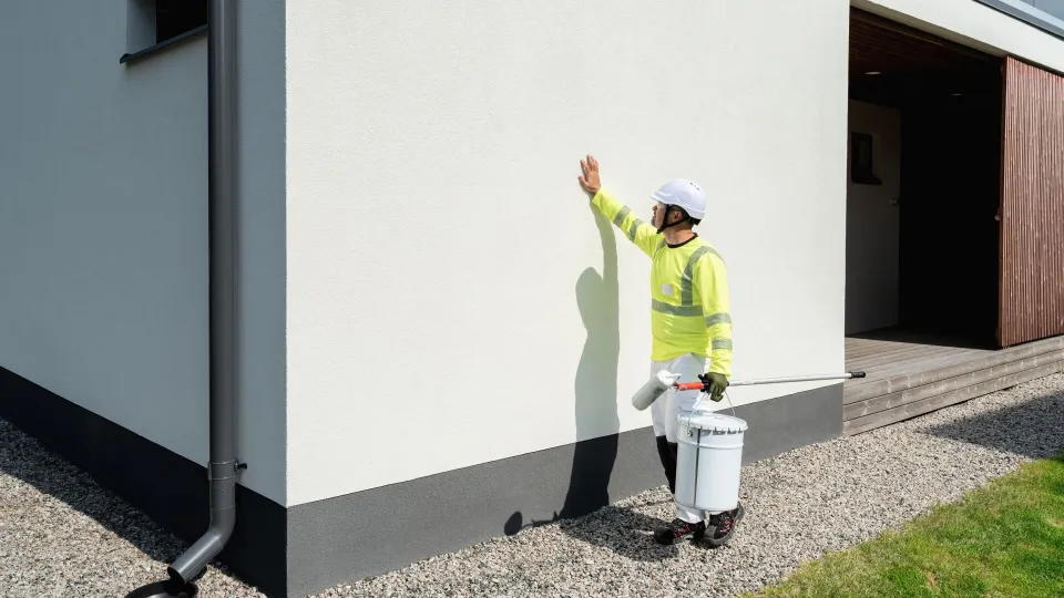 Maalari kivitalon ulkoseinän vieressä.