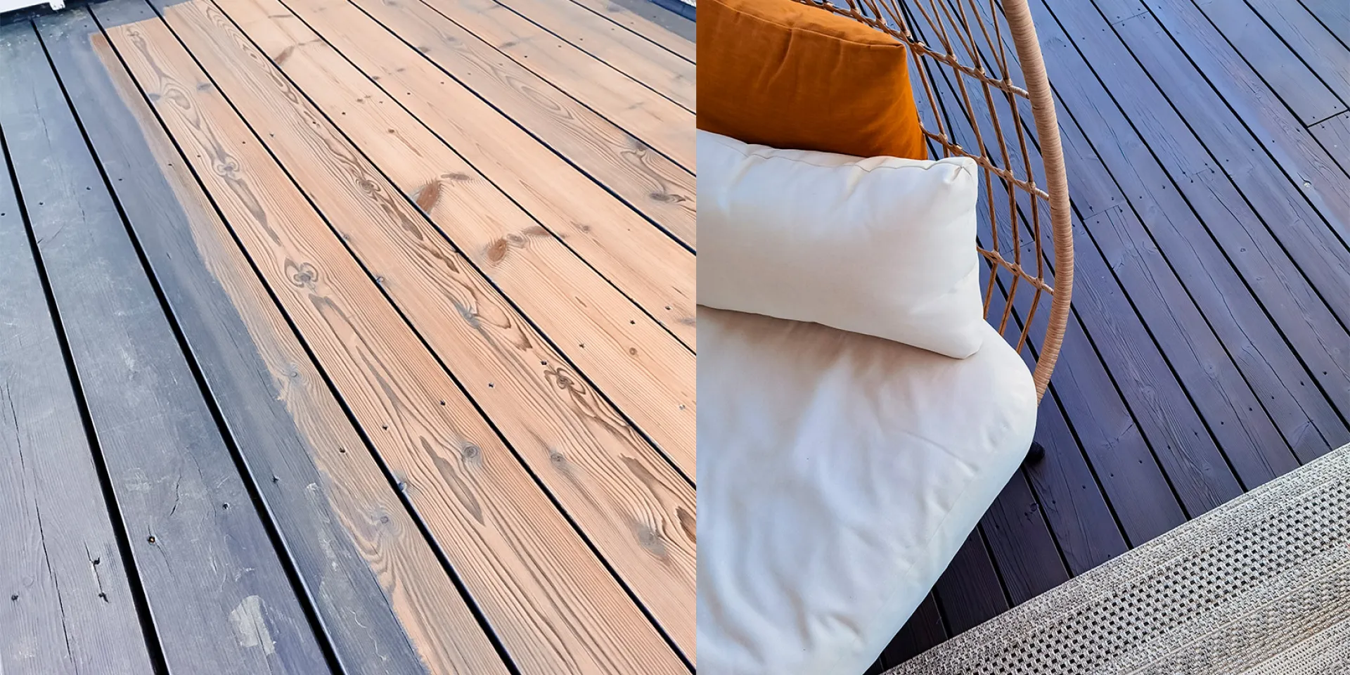 Terassin muodonmuutos puunvärisestä harmaaksi