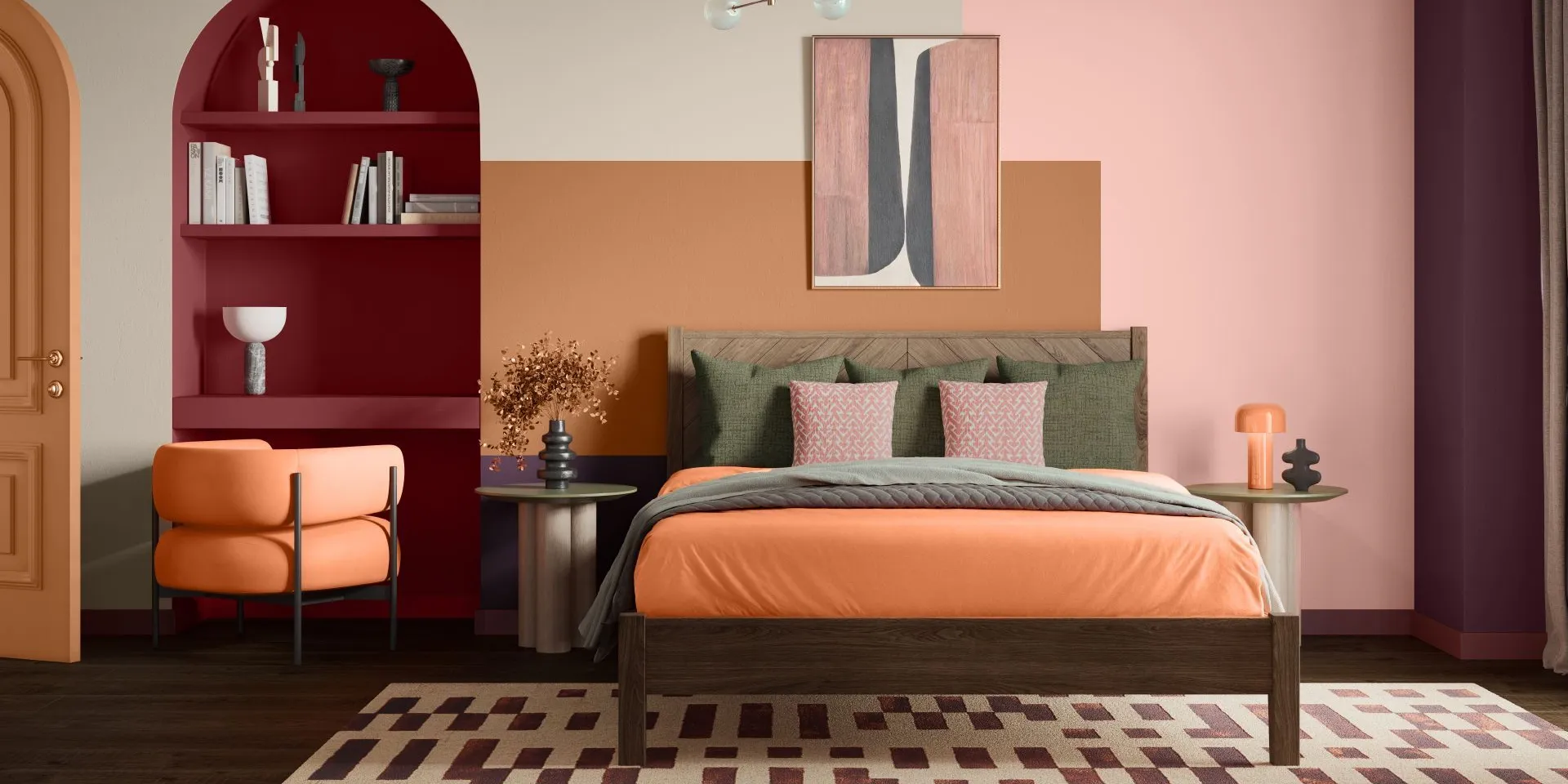 Makuuhuone, jossa luumunpunaista, vaaleaa oranssia, vihreää ja murrettua vaaleanpunaista. Seinällä kaarihylly, lattialla kuviollinen matto.